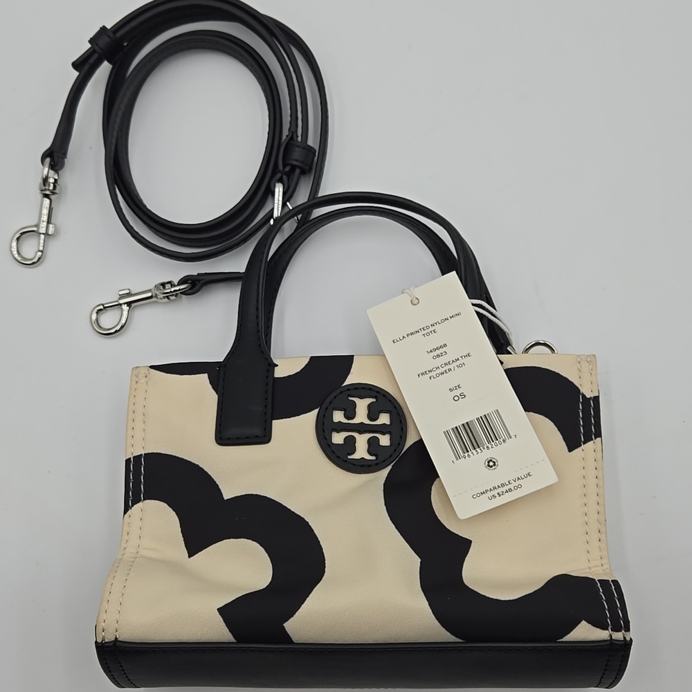 Tory Burch Cream and Black Floral Logo Crossbody Bag